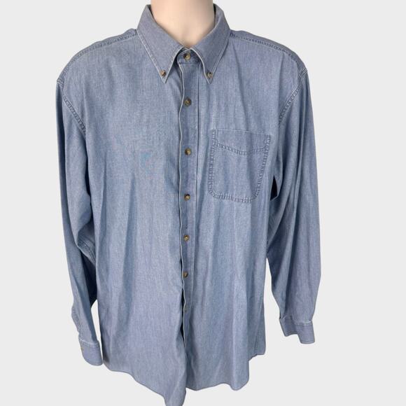 L.L. Bean Large Tall Blue Chambray 100% Cotton Long Sleeve Button Front Shirt - Picture 1 of 7